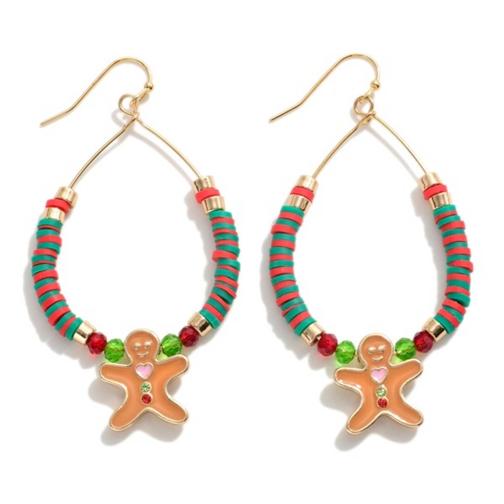 Green Red Heishi Beaded Teardrop Earrings With Gingerbread Man Charm